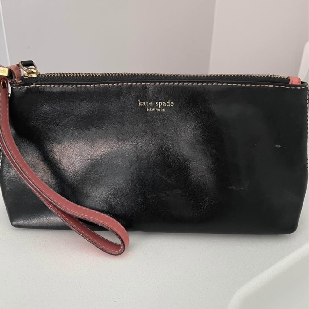 Kate Spade Black Leather Wristlet with Gold Accents